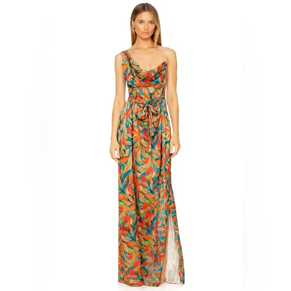 Nicole Miller Dresses & Skirts - Nicole Miller Tropical Print One-Shoulder Satin Maxi Dress 10 L